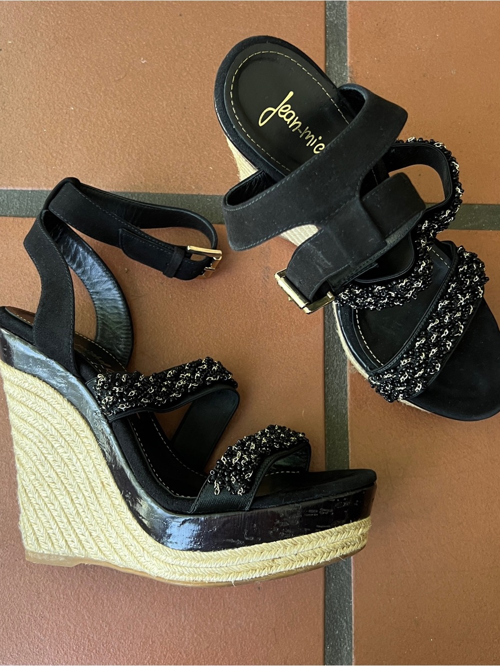 Black Beaded Espadrille Wedge Sandals